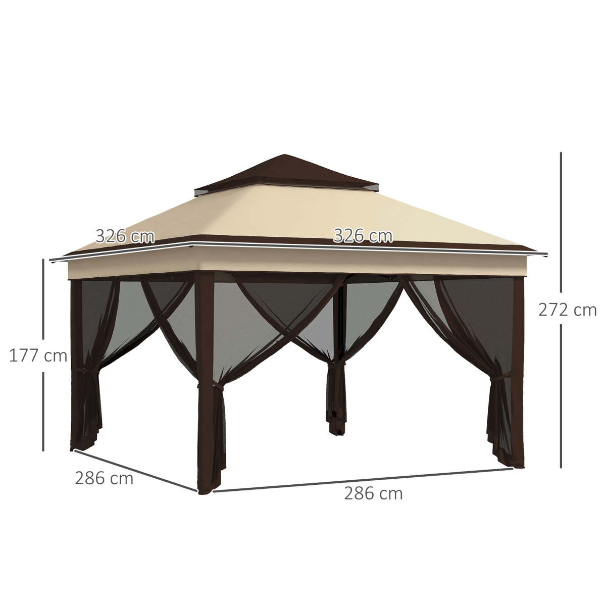 3x3m Pop Up Gazebo with Netting, Height Adjustable, Beige