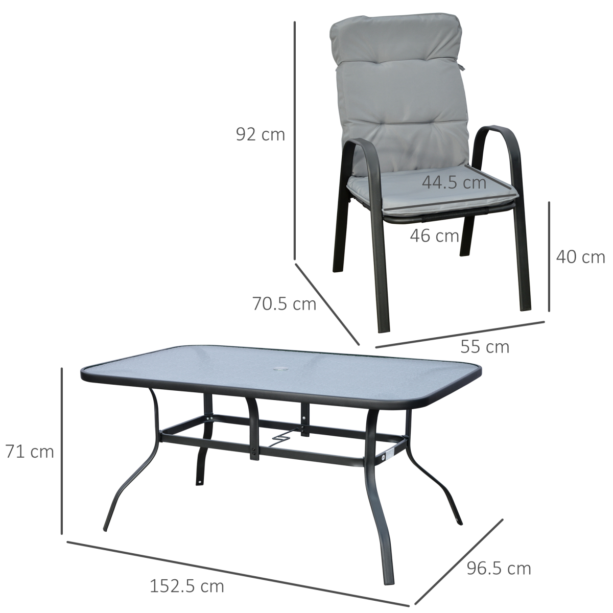 7-Piece Garden Dining Set with Glass Table, Umbrella Hole & Cushions - Black