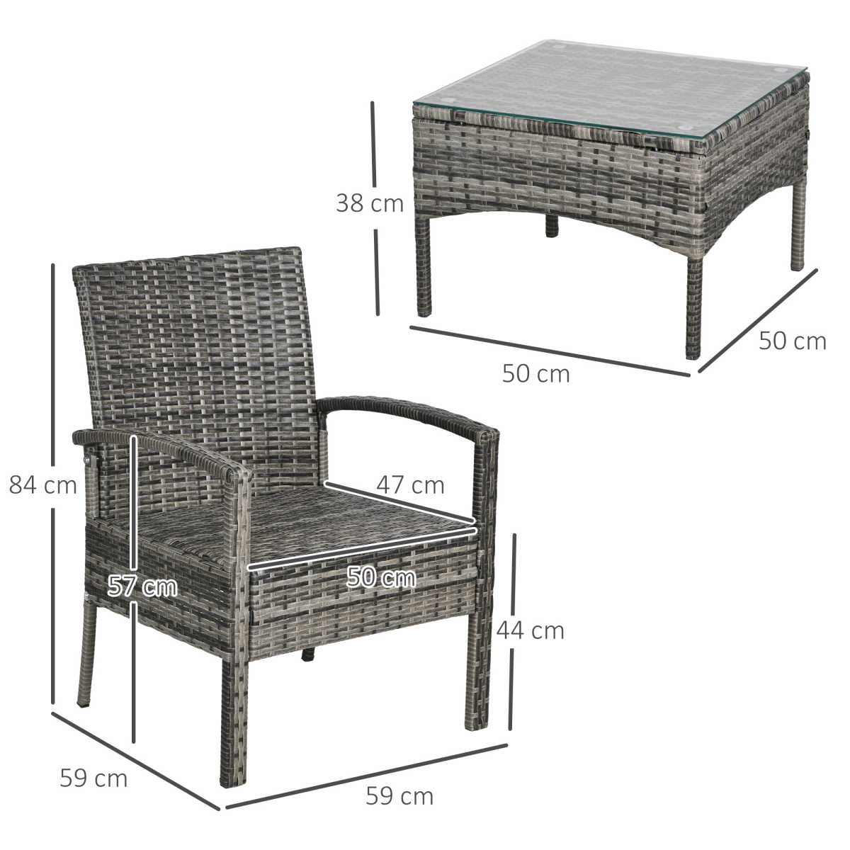 3-Piece Grey Rattan Bistro Set - Table & 2 Chairs