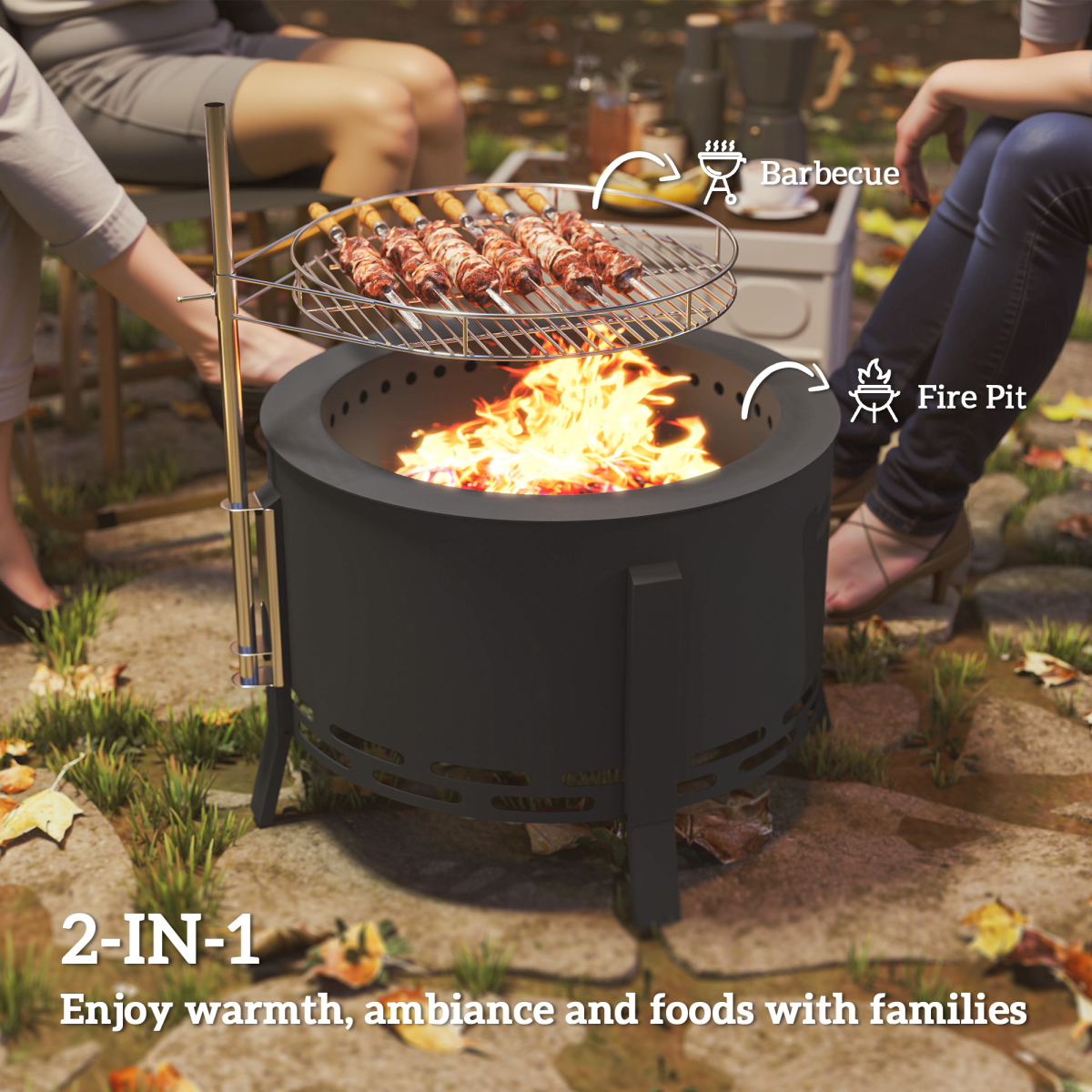 58cm Round Portable Fire Pit & Grill - Durable Black Steel Design