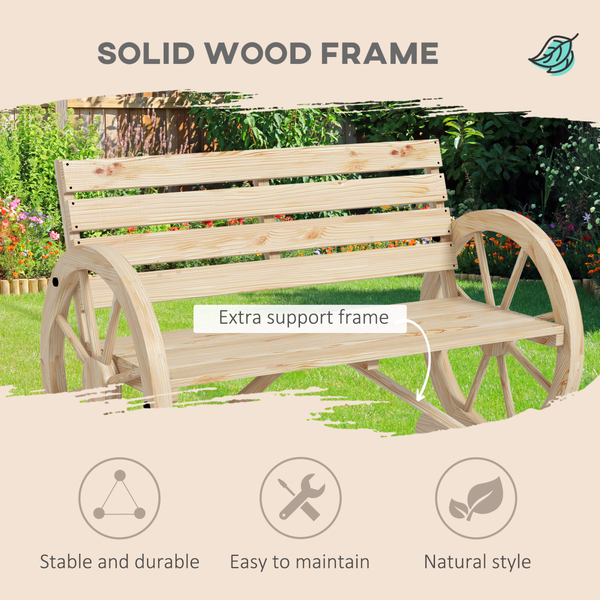 2-Seater Garden Bench with Wagon Wheel Armrests - Natural Fir Wood