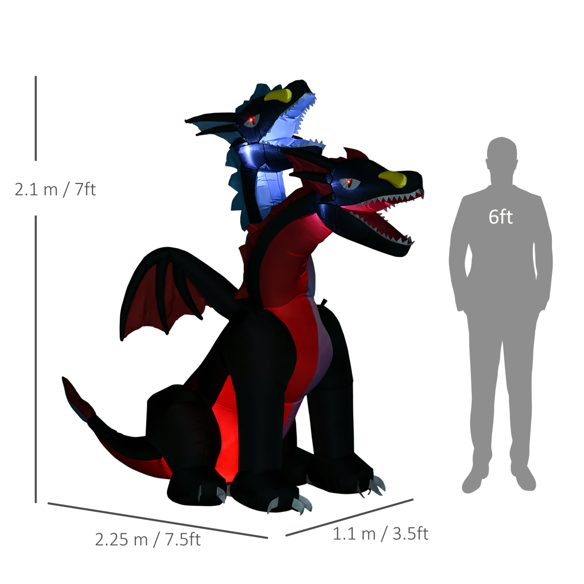 7ft Two-Head Halloween Dragon Inflatable with LED Lights