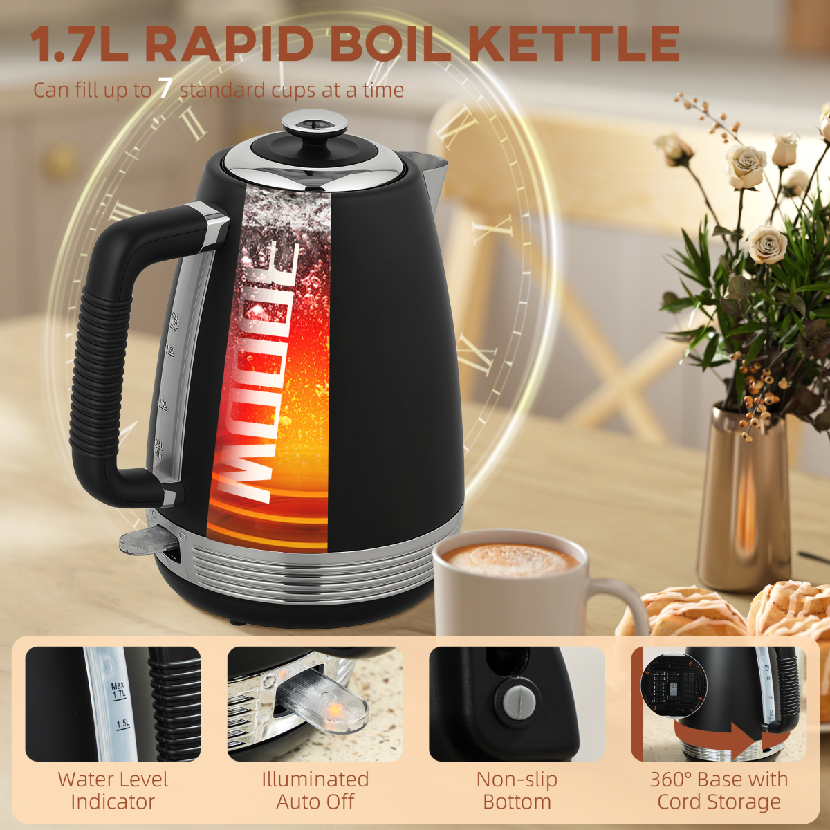 1.7L Quick Boil Kettle & 4-Slice Toaster Set - Black Breakfast Duo!