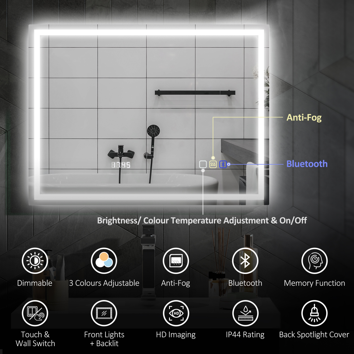 Smart Bluetooth Bathroom Mirror with LED Lights & Demister Pad - HOMCOM