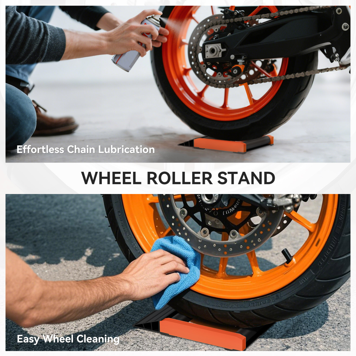 Motorcycle Wheel Roller Stand - Effortless Tyre & Chain Care!