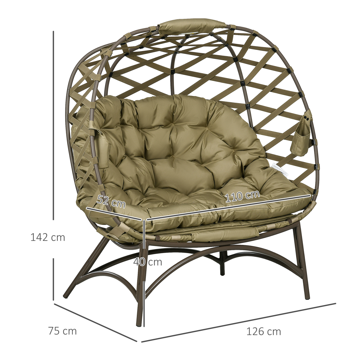 2-Seater Egg Chair with Cushions & Cup Pockets - Khaki