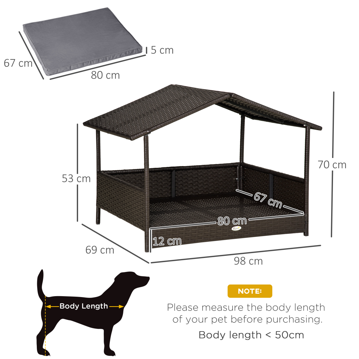 PawHut Wicker Dog House & Rattan Pet Bed with Cushion - Grey