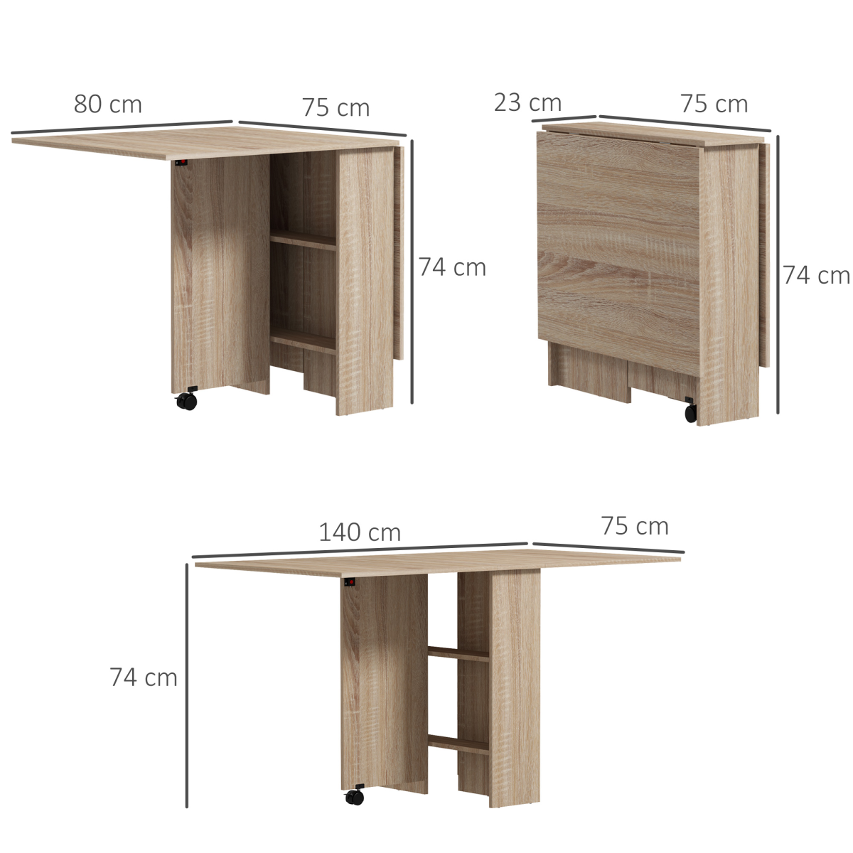 Mobile Drop-Leaf Extendable Dining Table with Shelves and Wheels
