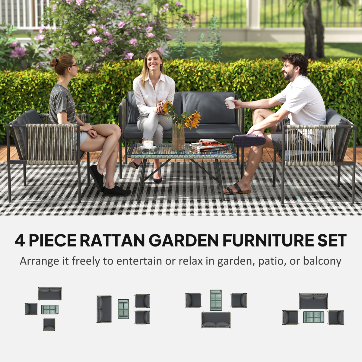 4-Piece Grey Wicker Outdoor Furniture Set with Glass Top Table