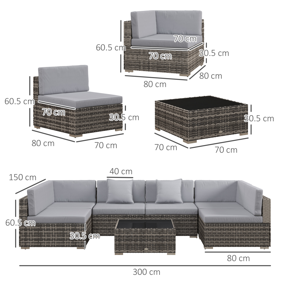 7-Piece Grey Rattan Garden Set with Buckle Frame & Glass Table