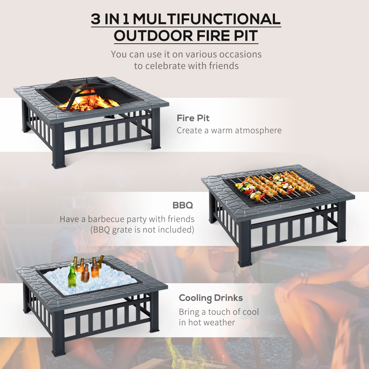 Square Fire Pit with Waterproof Mesh Cover, Faux Stone Top, Poker Tool