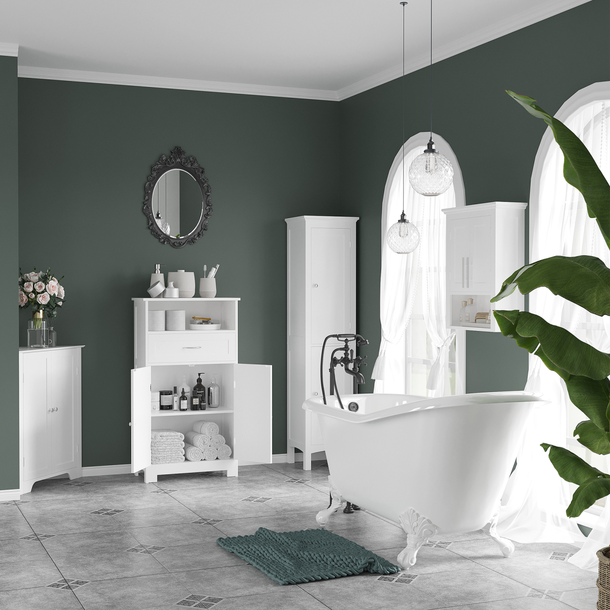 Kleankin Tall Bathroom Cabinet - Double Door Storage with Adjustable Shelves
