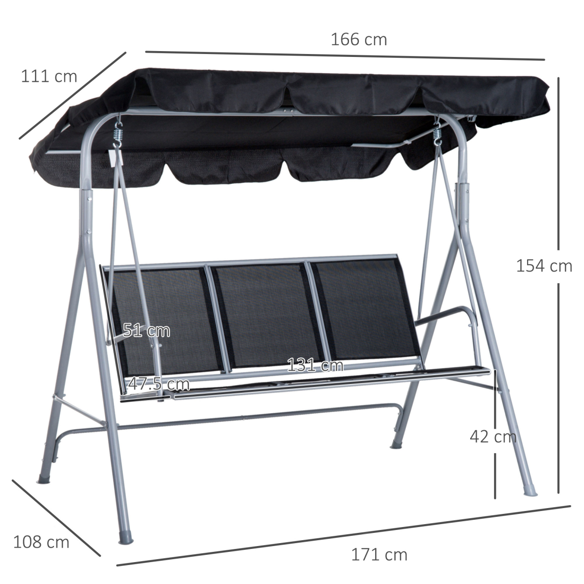 Black Outdoor 3-Seater Swing Chair - Weatherproof Patio Comfort