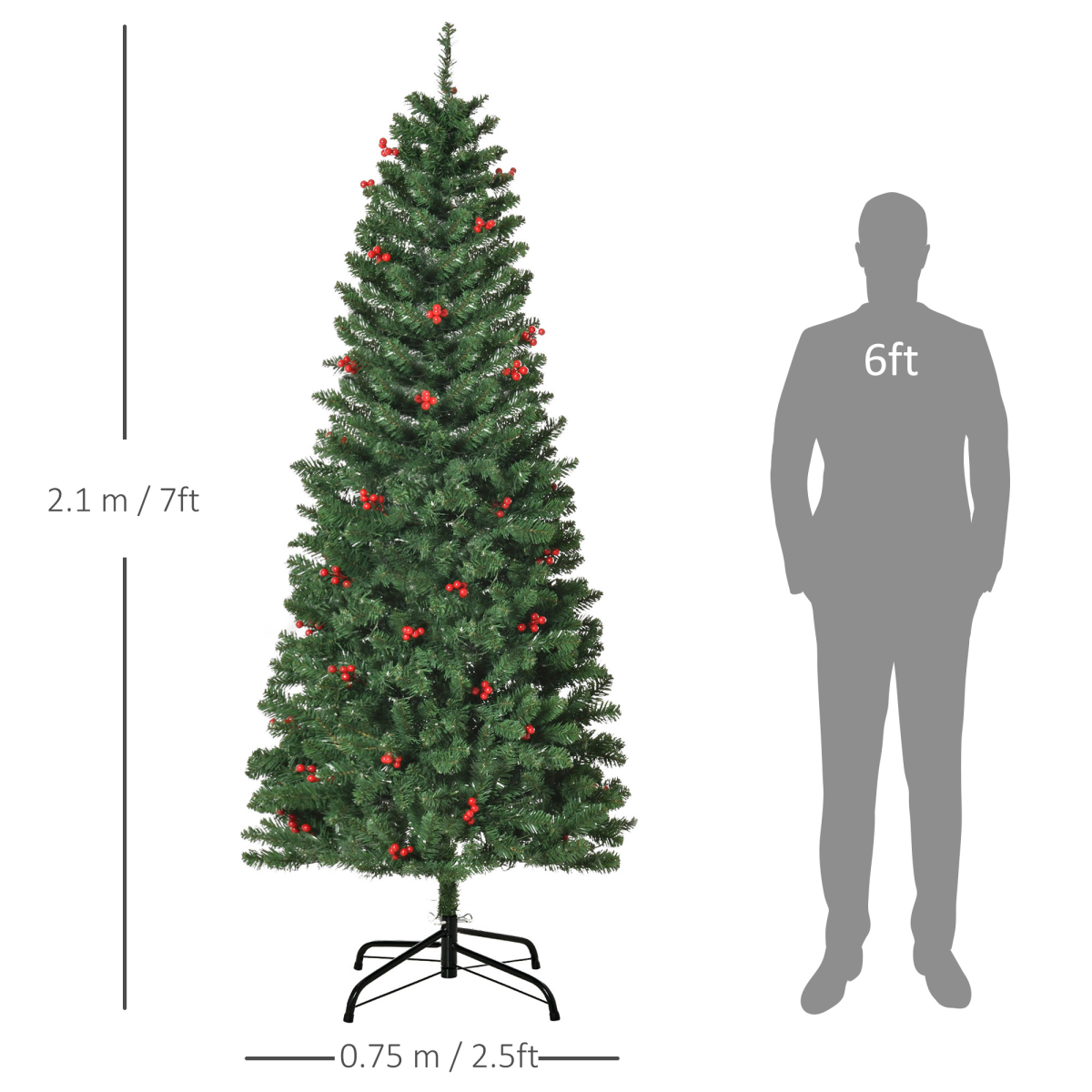 7ft Prelit Pencil Christmas Tree with Warm White LEDs, Green & Red Berry