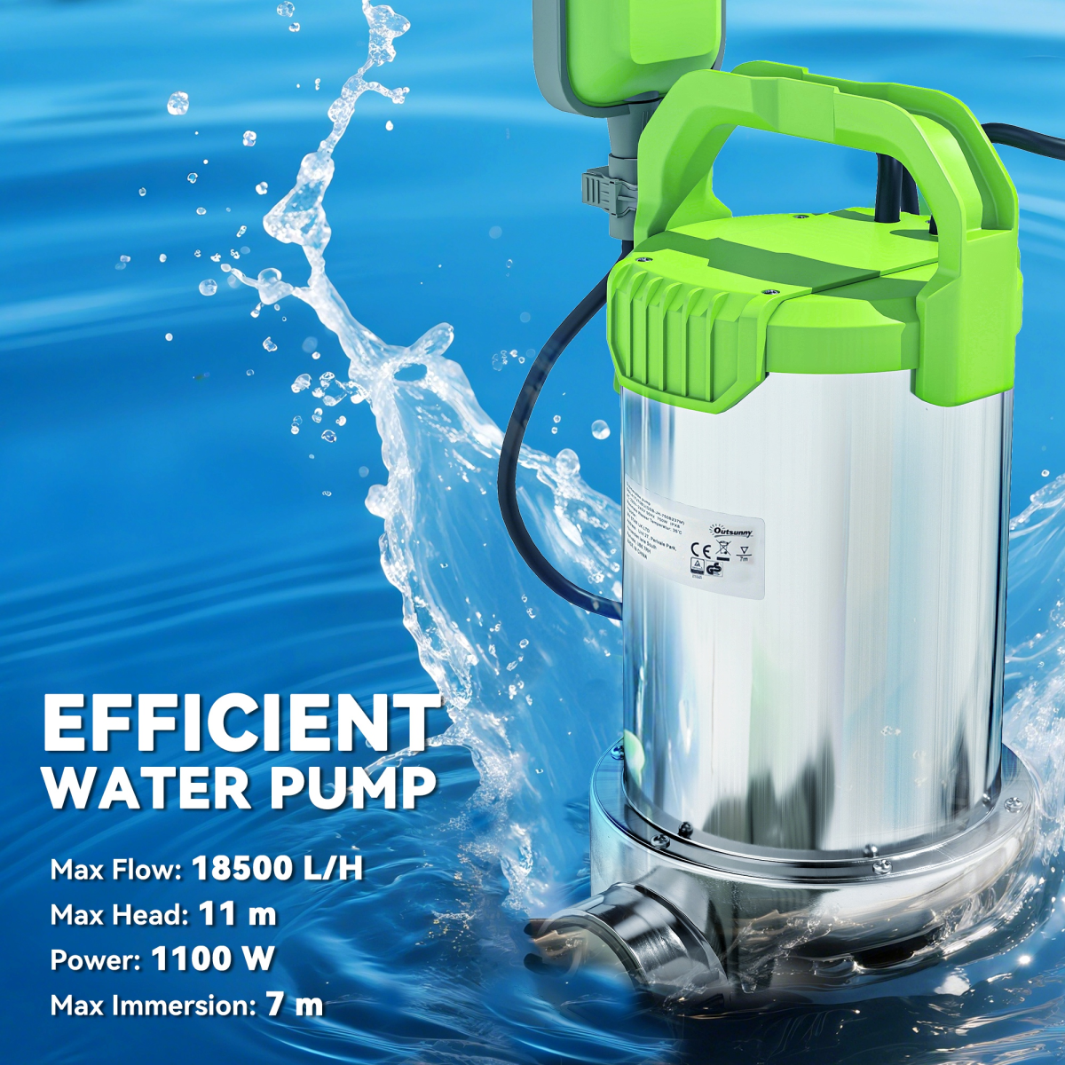 1100W High-Performance Electric Sump Pump - 18500L/H, Float Switch