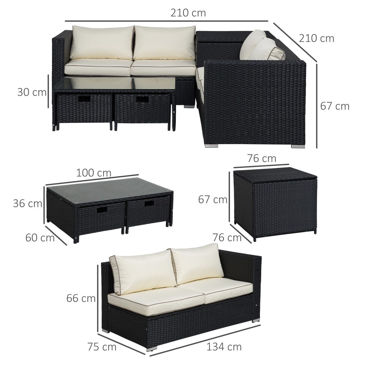 4-Seater Rattan Wicker Outdoor Sofa Set with Storage & Tables - Black