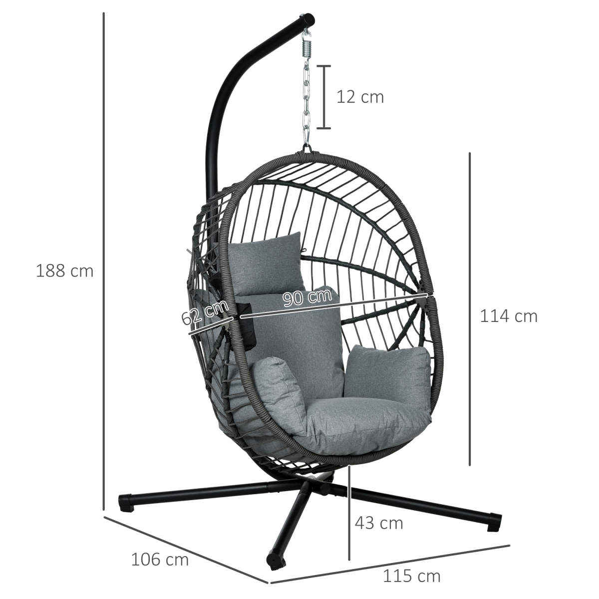Grey Hanging Swing Chair with Thick Cushioned Seat - Patio