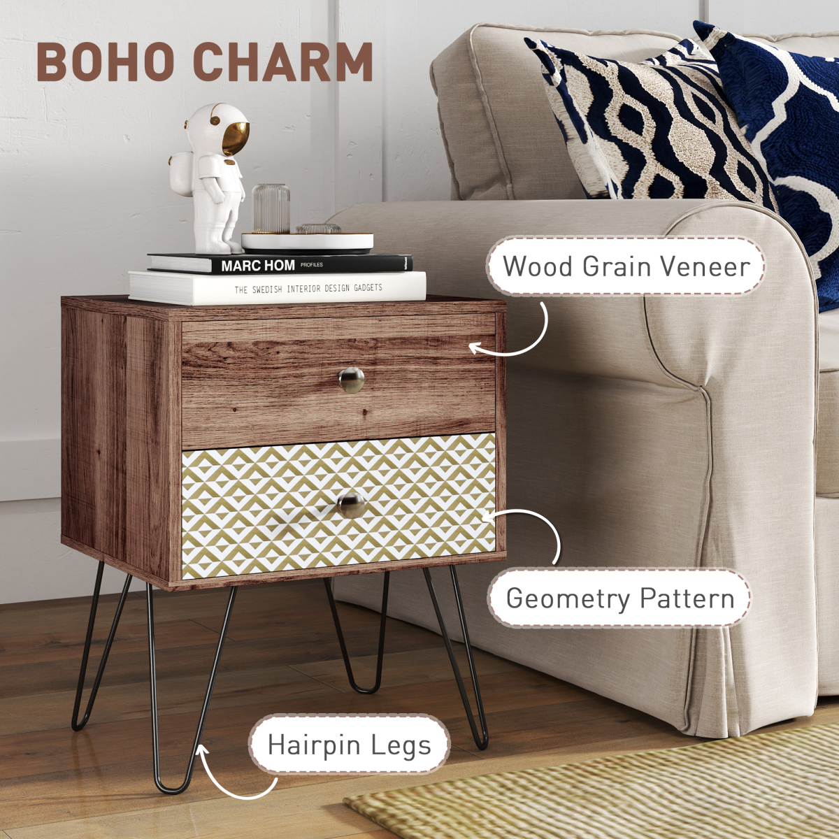 Elegant Boho Bedside Table with Storage - Stylish Wood Grain & Hairpin Legs