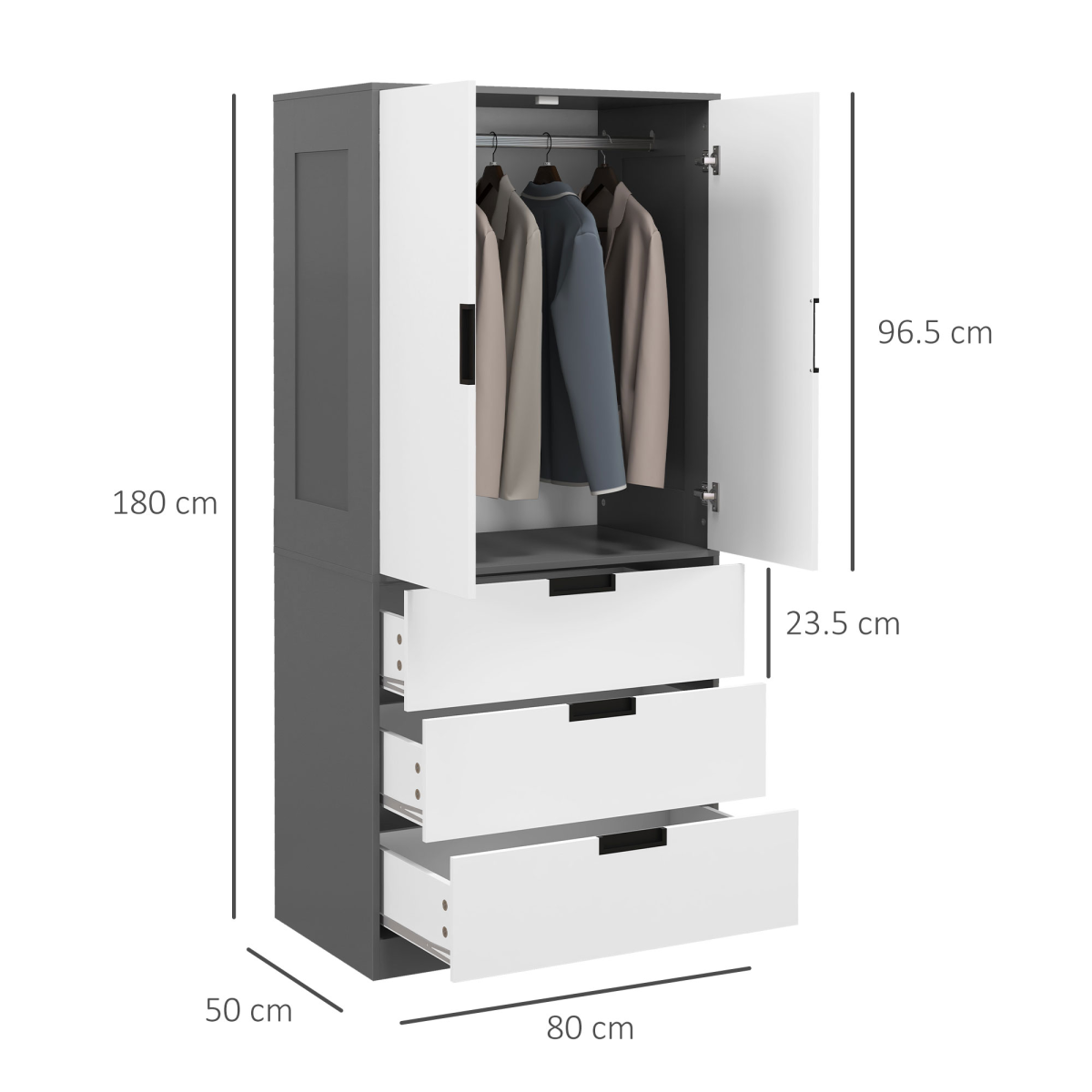 2-Door Wardrobe with 3 Drawers & Hanging Rod – Grey