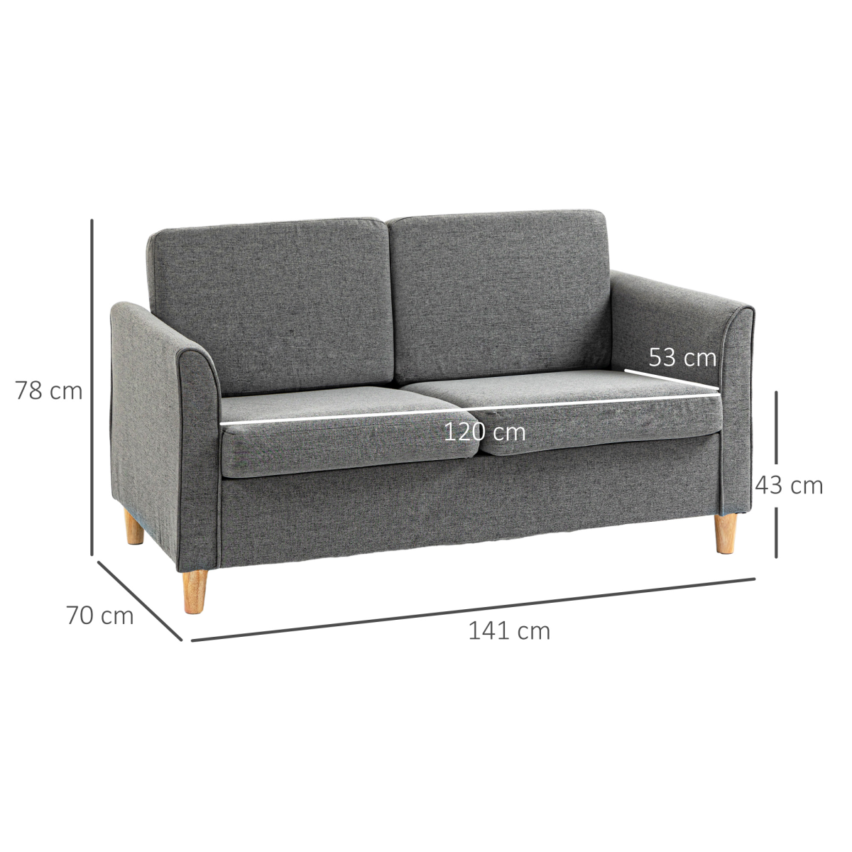 Double Seat Sofa - Grey Linen Upholstery with Armrests