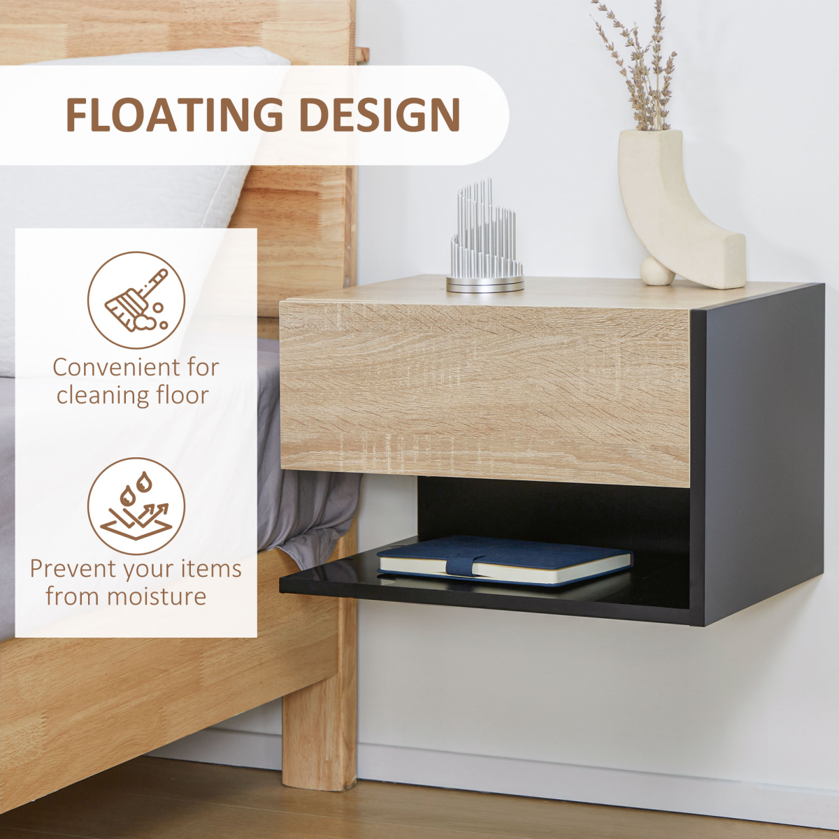 Stylish Wall-Mounted Bedside Table Set - Space-Saving with Drawer & Shelf