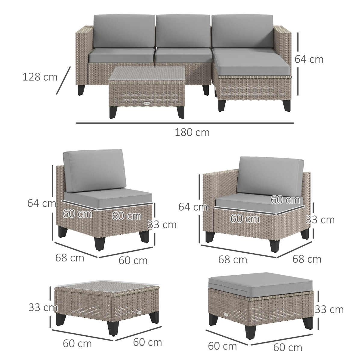 5-Piece Rattan Garden Set with Glass Coffee Table - Brown