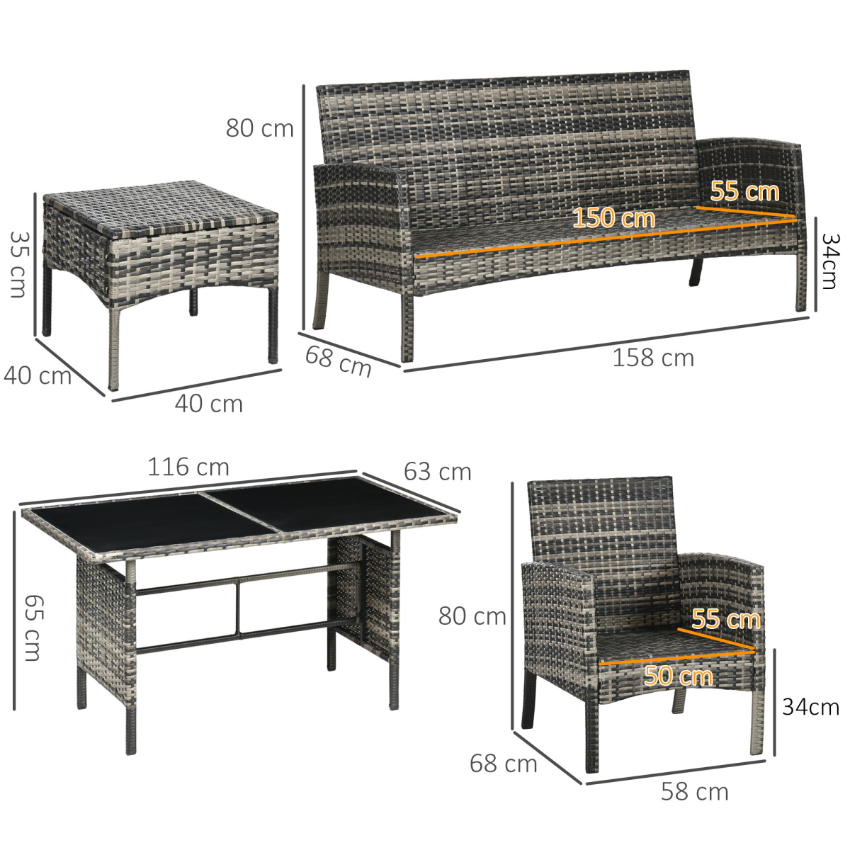Grey Rattan 6-Piece Outdoor Sofa Set with Cushions & Glass Table