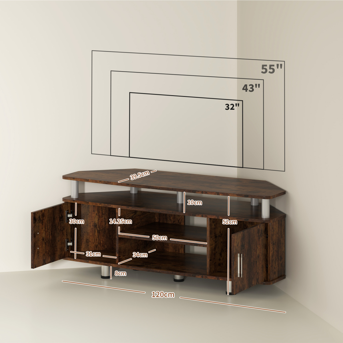 Rustic Brown TV Unit Cabinet with Storage & Shelves - Stylish & Functional!