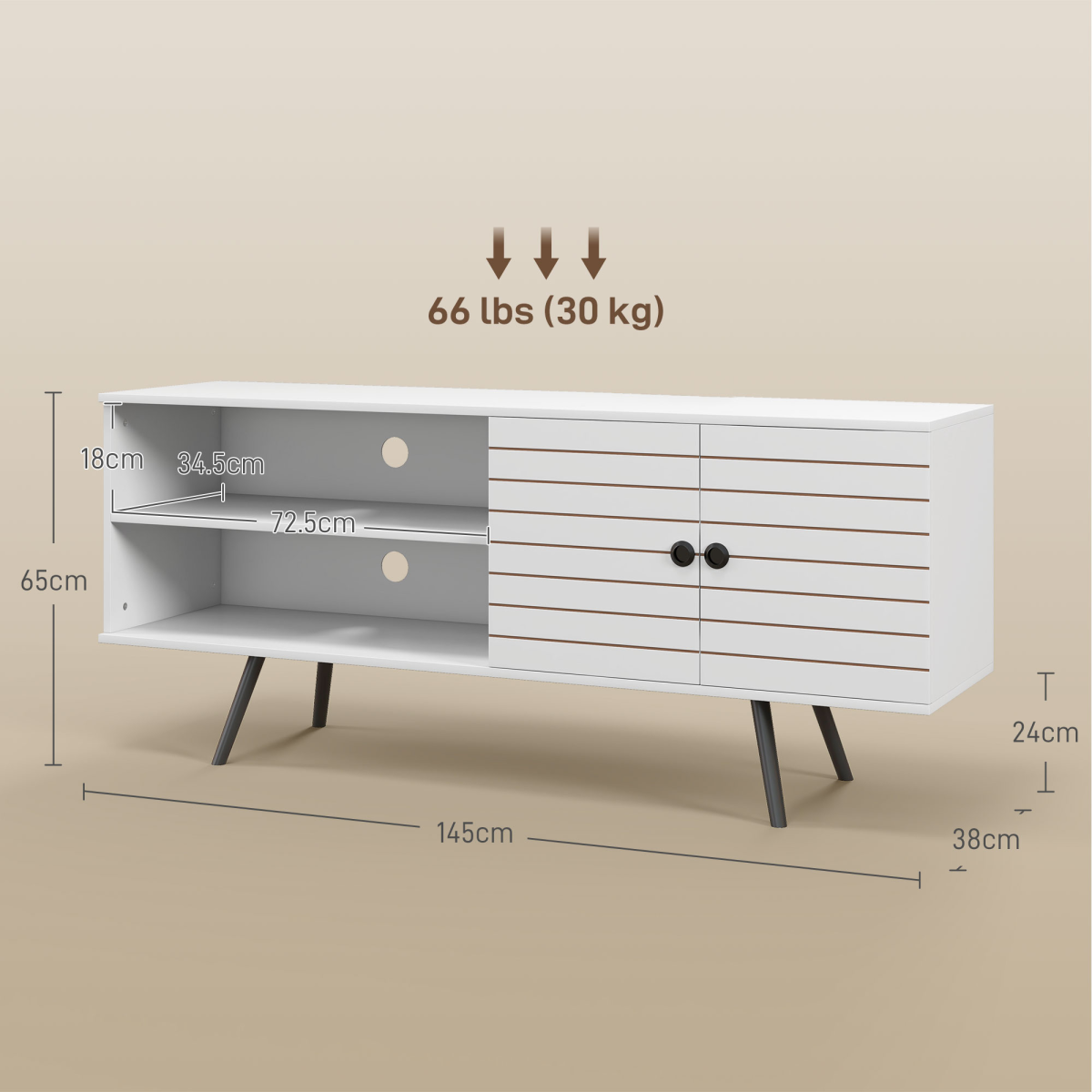 Modern 65" TV Stand with Open Shelves & Cable Management - White