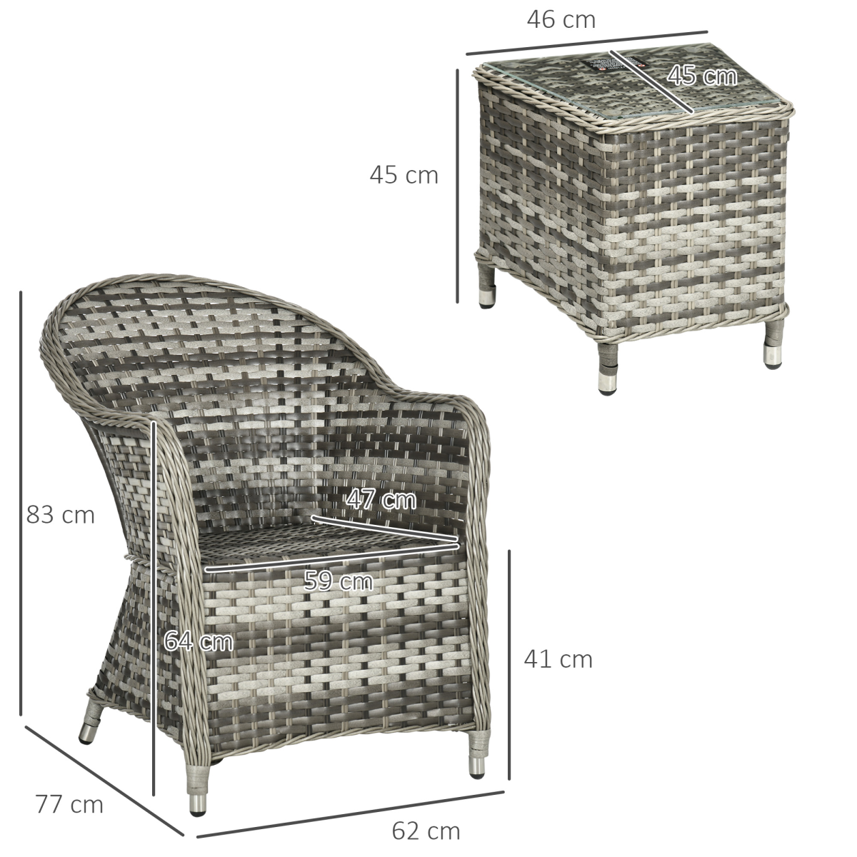 3-Piece Aluminium Rattan Bistro Set with Cushions & Glass Top