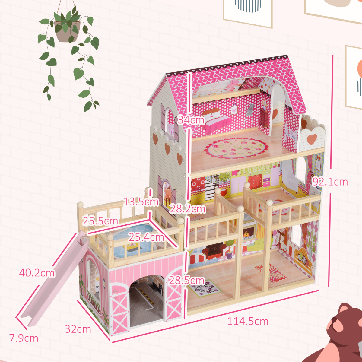 AIYAPLAY 3-Story Pink Dolls House with 13-Piece Wooden Furniture Set
