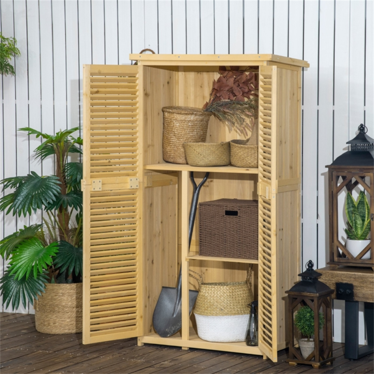 Sturdy Fir Wood Garden Storage Shed with Lockable Doors & Shelving - Natural Finish