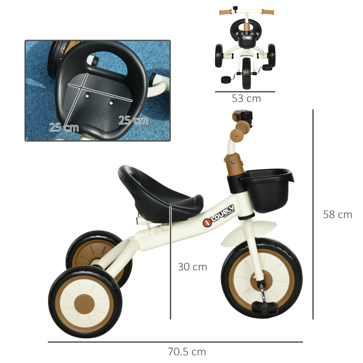 White Kids Trike with Adjustable Seat, Basket & Bell (Ages 2-5)