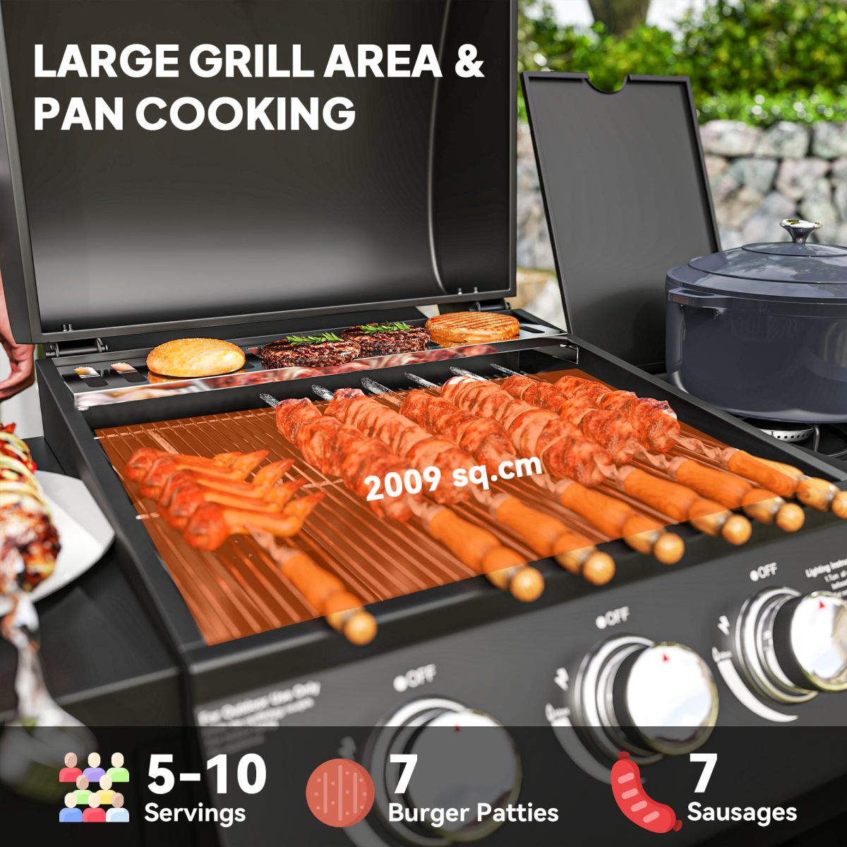 9.5 kW Gas BBQ Grill: 3 Burners, Side Burner & Storage Cabinet