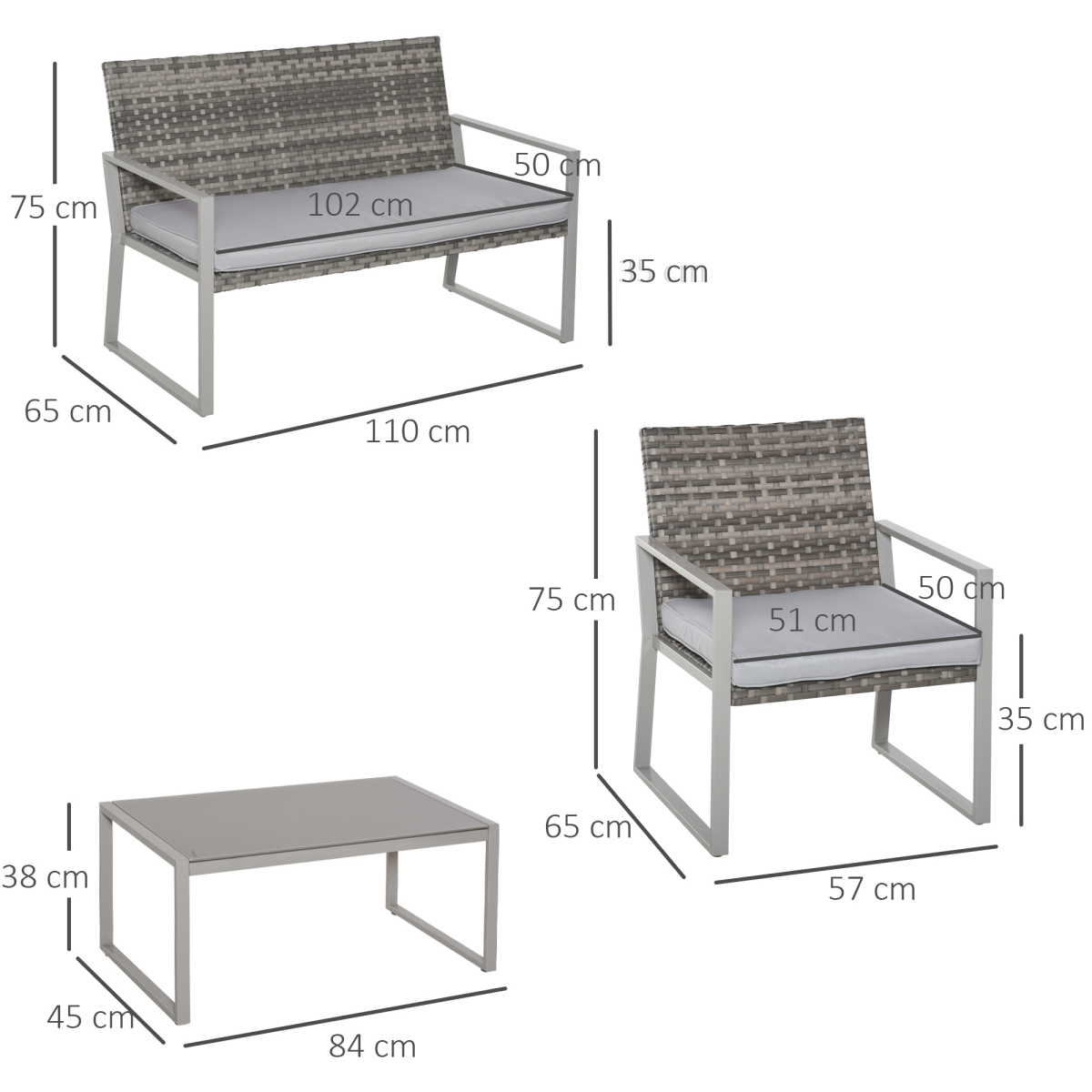 4-Piece Grey Rattan Outdoor Garden Furniture Set - Patio Seating