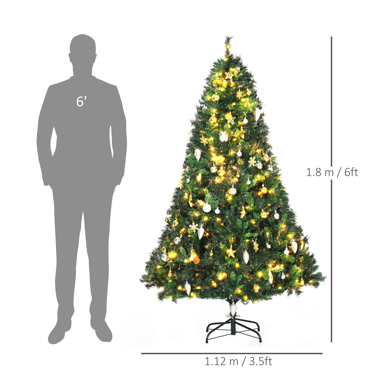 1.8m Pre-Lit Artificial Christmas Tree with 200 LEDs, Decorative Balls & Stand