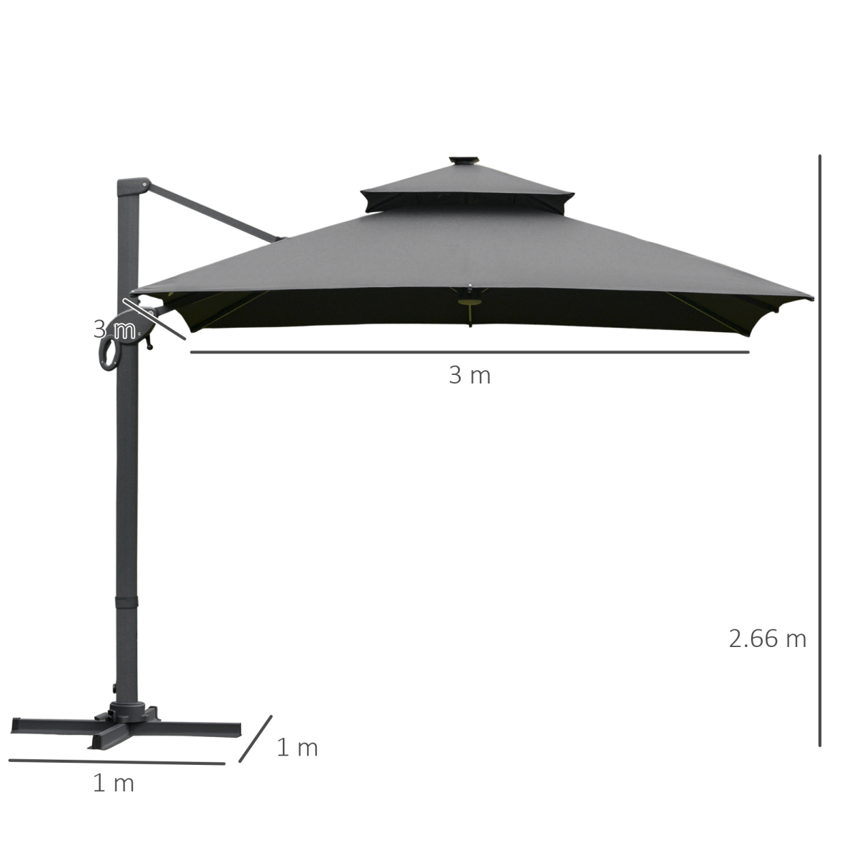 3x3m Cantilever Umbrella with Solar Power Bank & LEDs, Dark Grey
