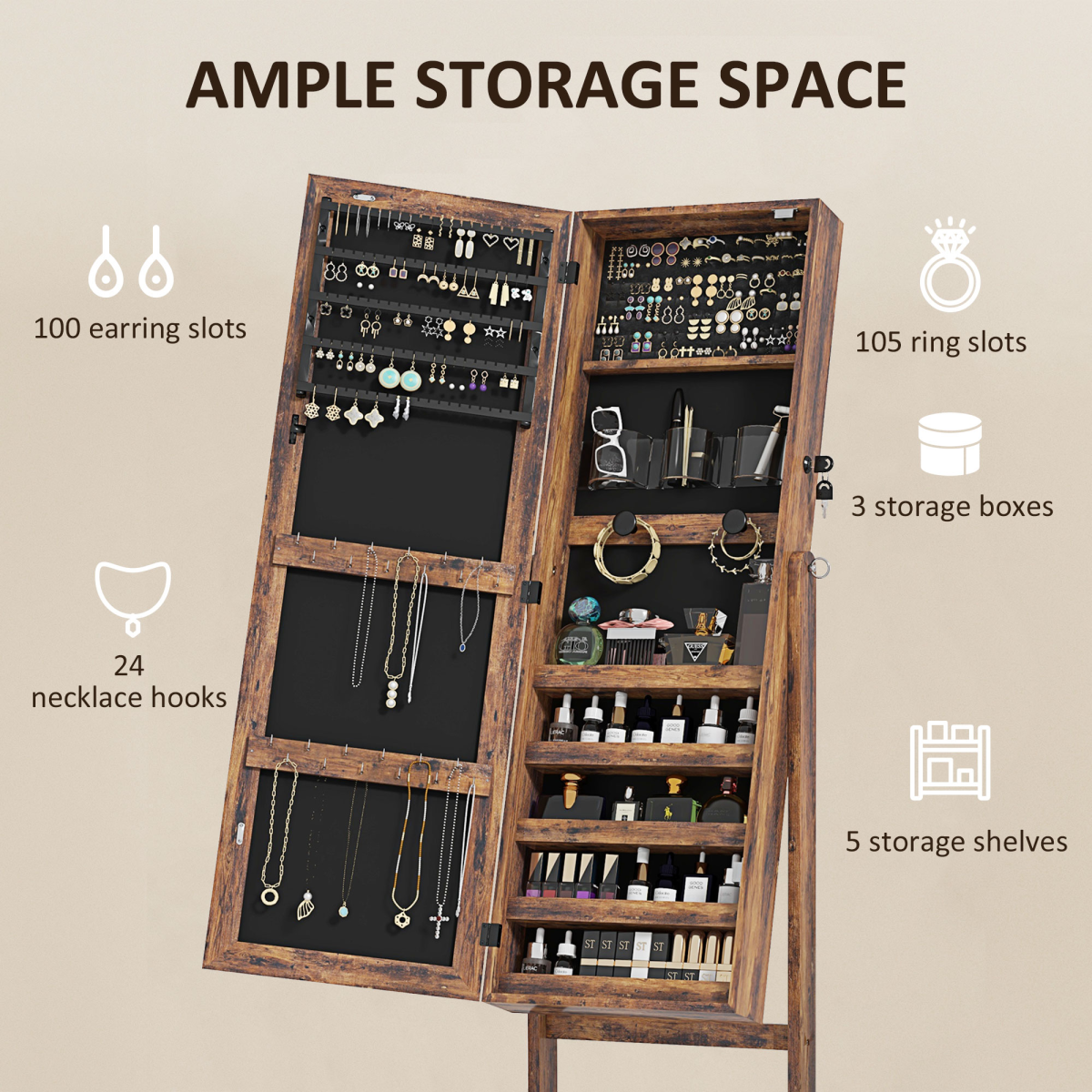 Illuminate Your Style: Rustic LED Full-Length Mirror Cabinet with Ample Storage