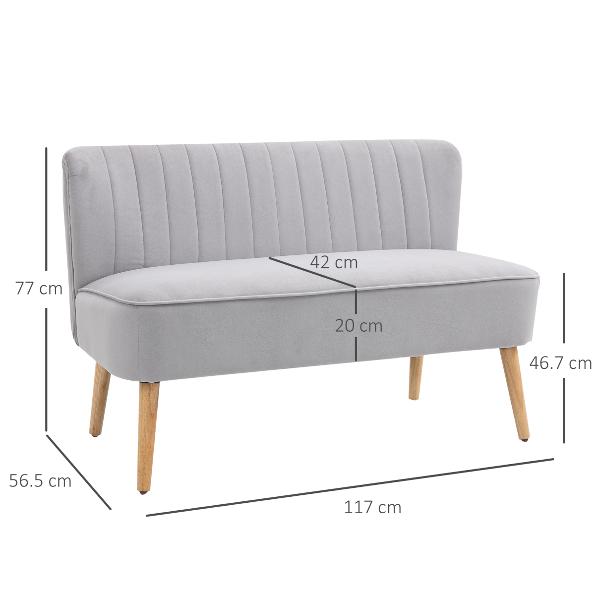 Velvet Double-Seat Loveseat Sofa with Wooden Legs - Grey