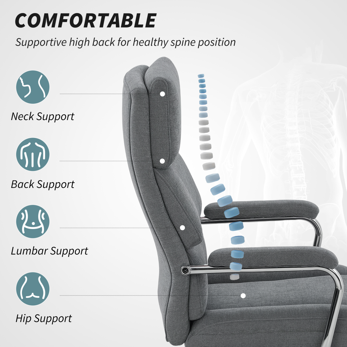 Ergonomic Charcoal Grey Linen Office Desk Chair with Tilt & Supportive Cushion