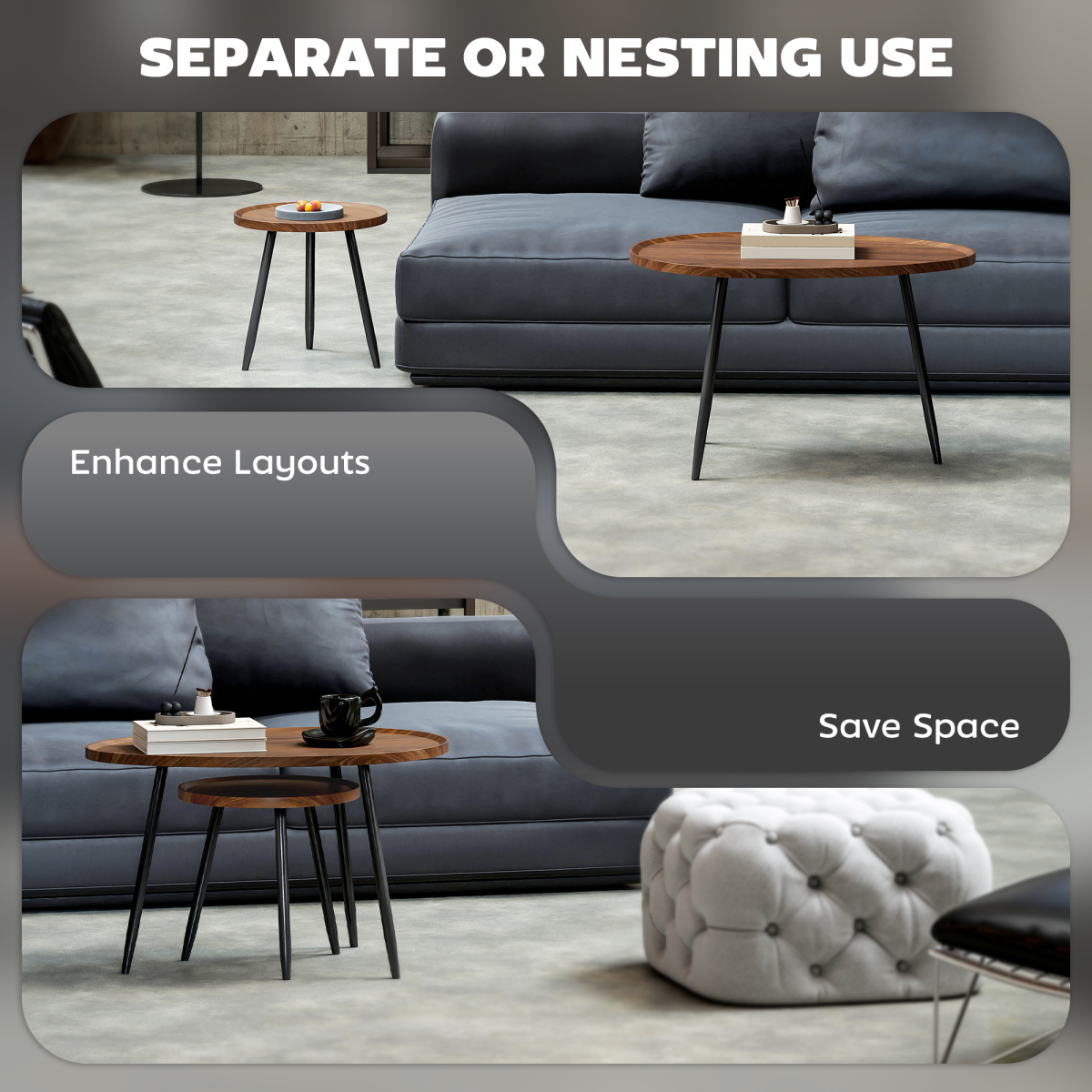 Modern Nesting Tables Set - Chic 2-Piece Side Table with Metal Legs
