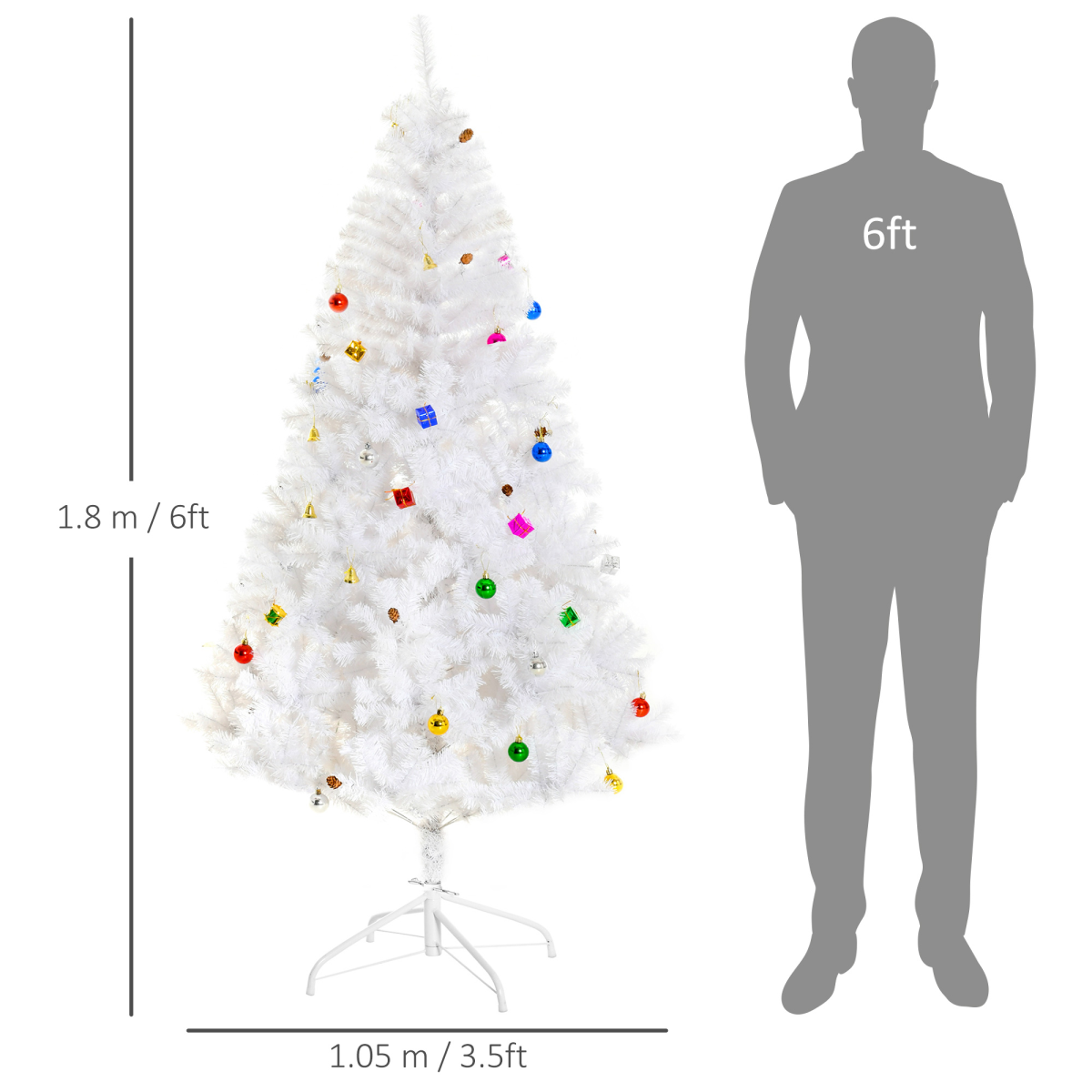 6ft Snowy Artificial Christmas Tree with Metal Stand and Colorful Ornaments
