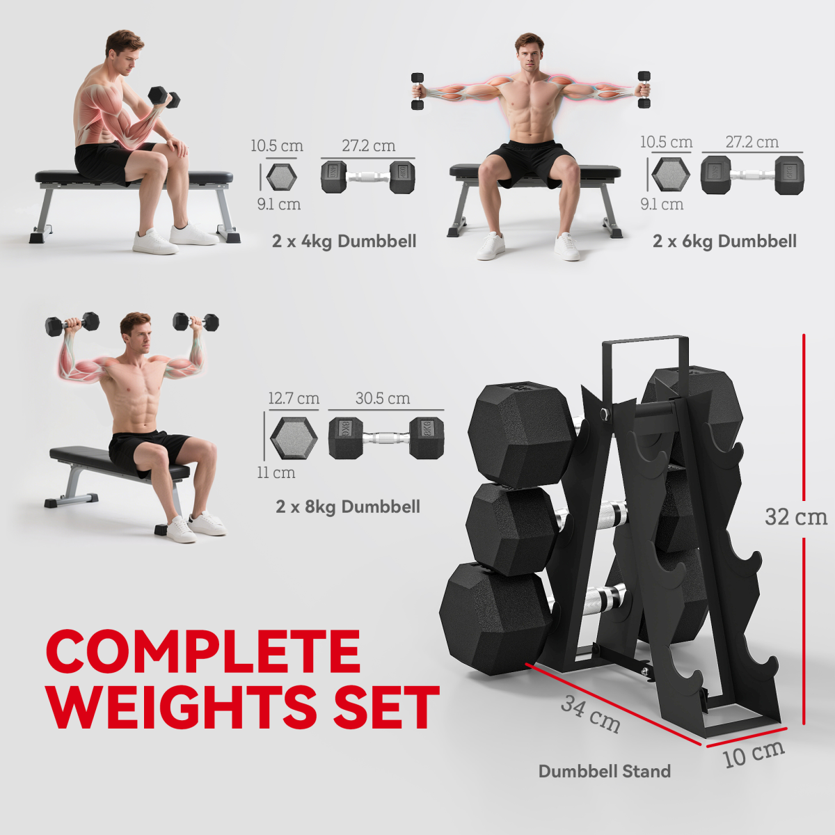 SPORTNOW 36KG Hex Dumbbell Set with Ergonomic Rack & Rubber Coated Weights