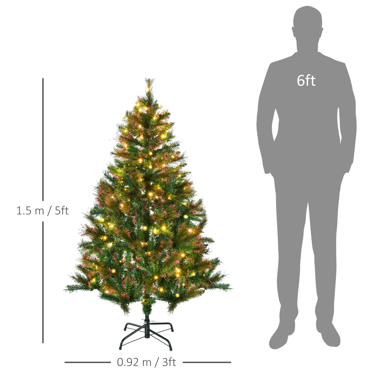 1.5m Pre-Lit Christmas Tree - Artificial Spruce, Warm White LED, Metal Stand