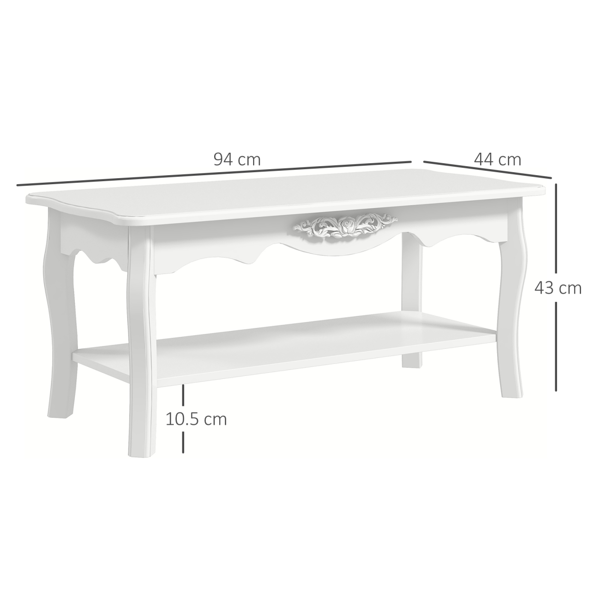 White Finish Coffee Table with Curved Legs & Magazine Shelf