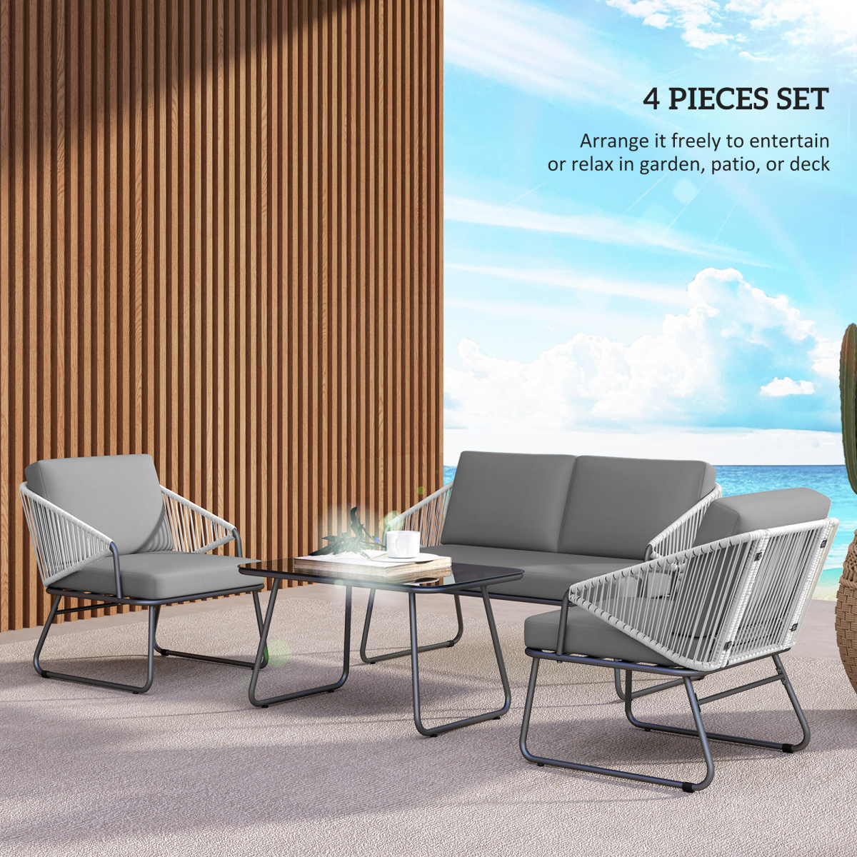 4-Piece Rattan Garden Set with Cushions in Grey