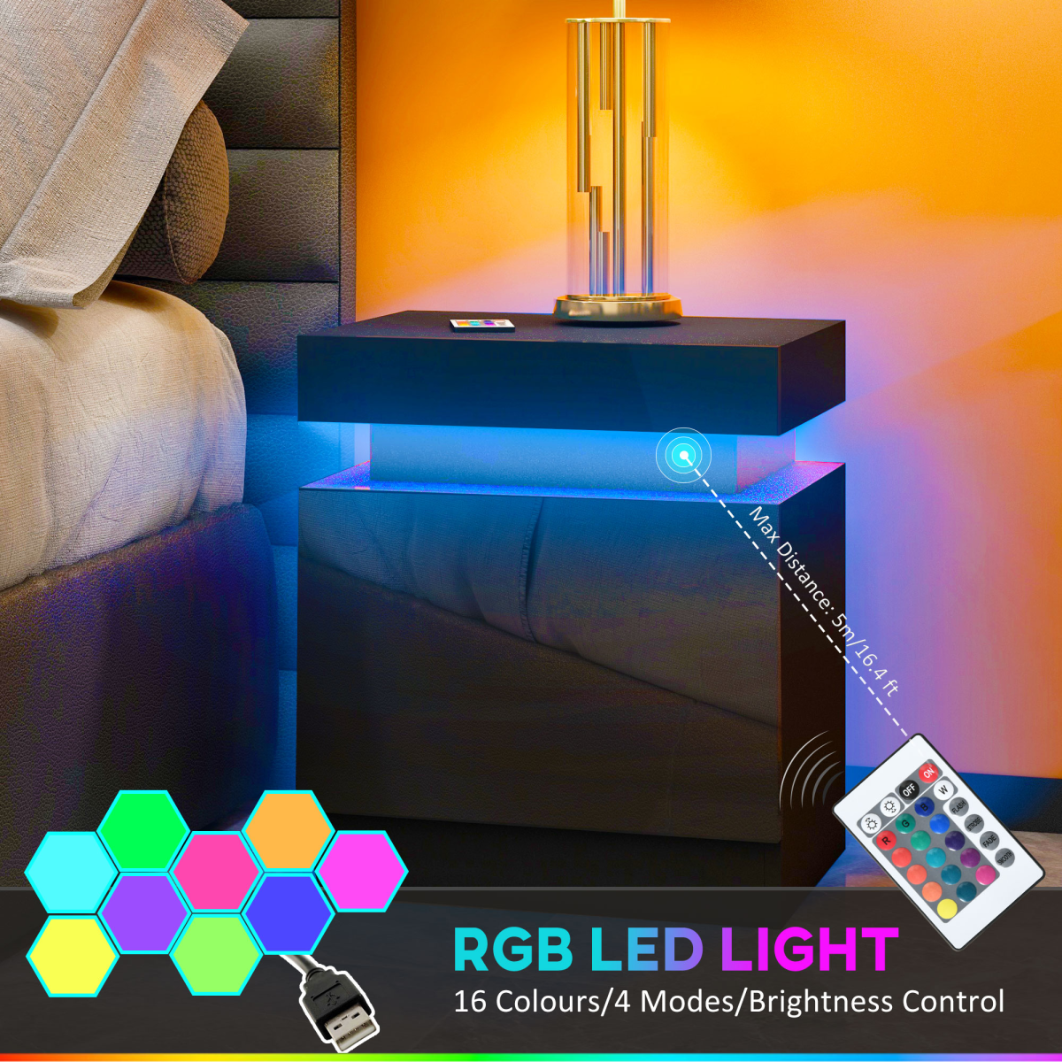 Illuminate Your Space: LED Bedside Table with 2 Drawers in Black