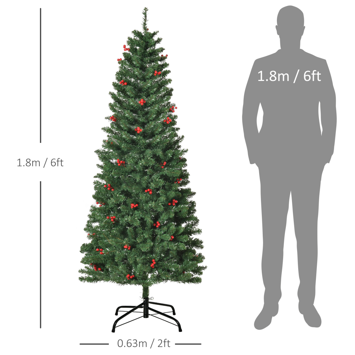 6ft Prelit Artificial Pencil Christmas Tree - Warm White LED, Red Berry Accents