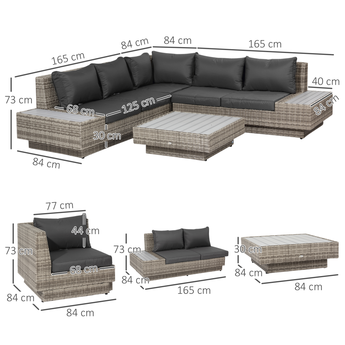 5-Piece Outdoor PE Rattan Corner Sofa Set with Cushions and Table - Light Grey