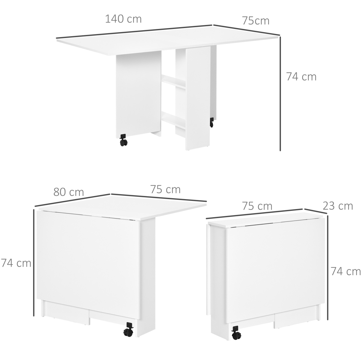 Folding Dining Table with Drop-Leaf, Wheels, Storage Shelves - White